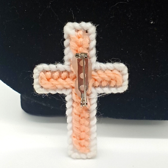 Hand Crochet Cross White Pink Brooch Easter Christmas Jewelry - Picture 2 of 2